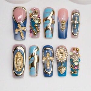 Gold and Blue Embellished Nail Set